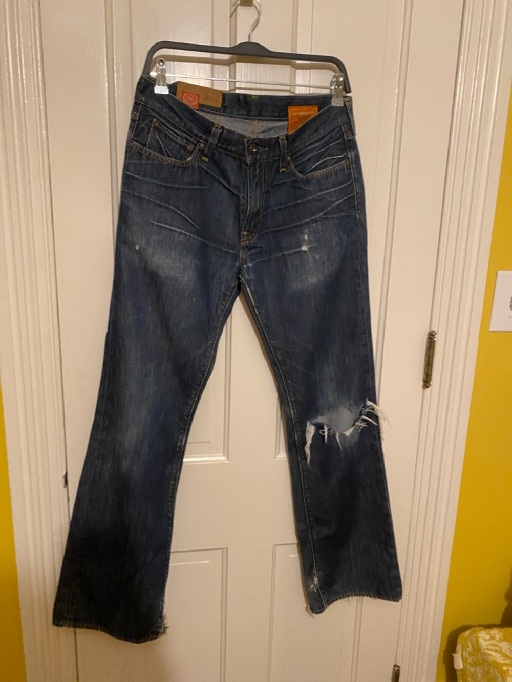Women’s  Dark Blue Bootcut Jeans with Knee Rip